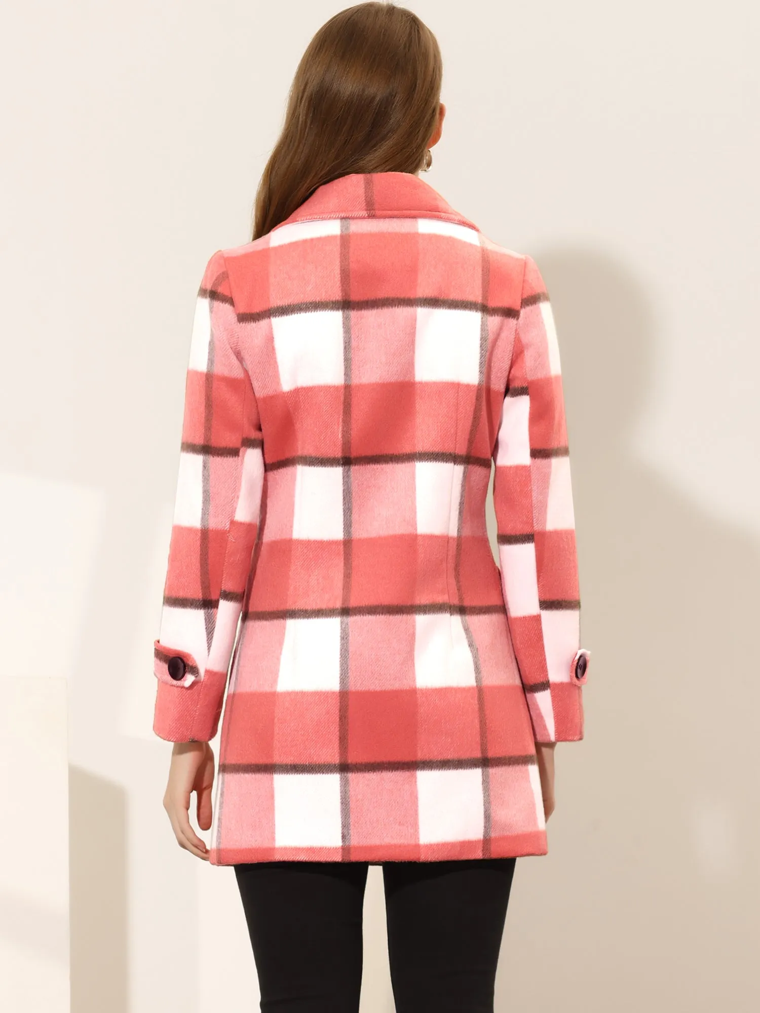 Buffalo Checks Double Breasted Notched Lapel Plaid Trench Pea Coat