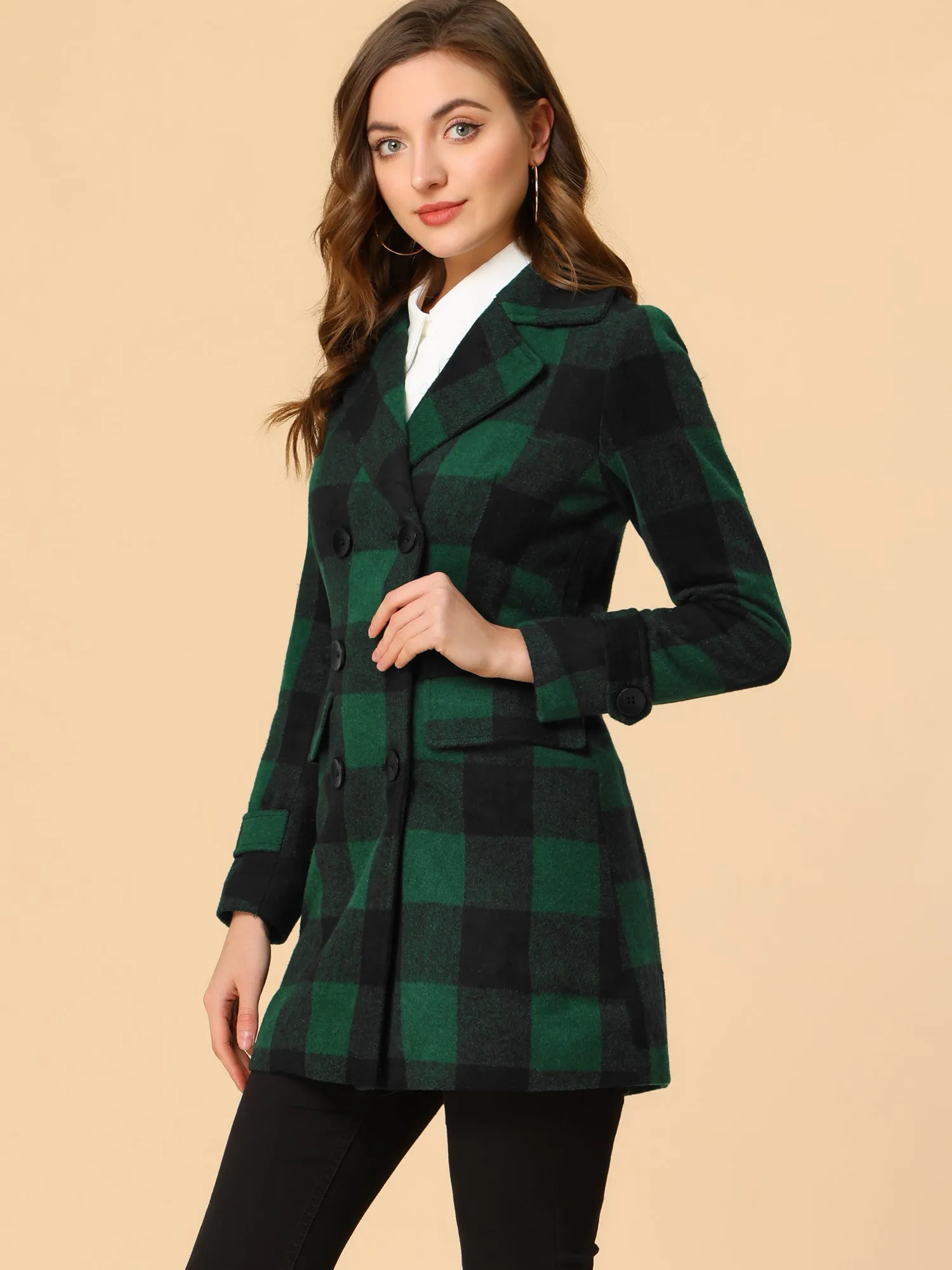 Buffalo Checks Double Breasted Notched Lapel Plaid Trench Pea Coat