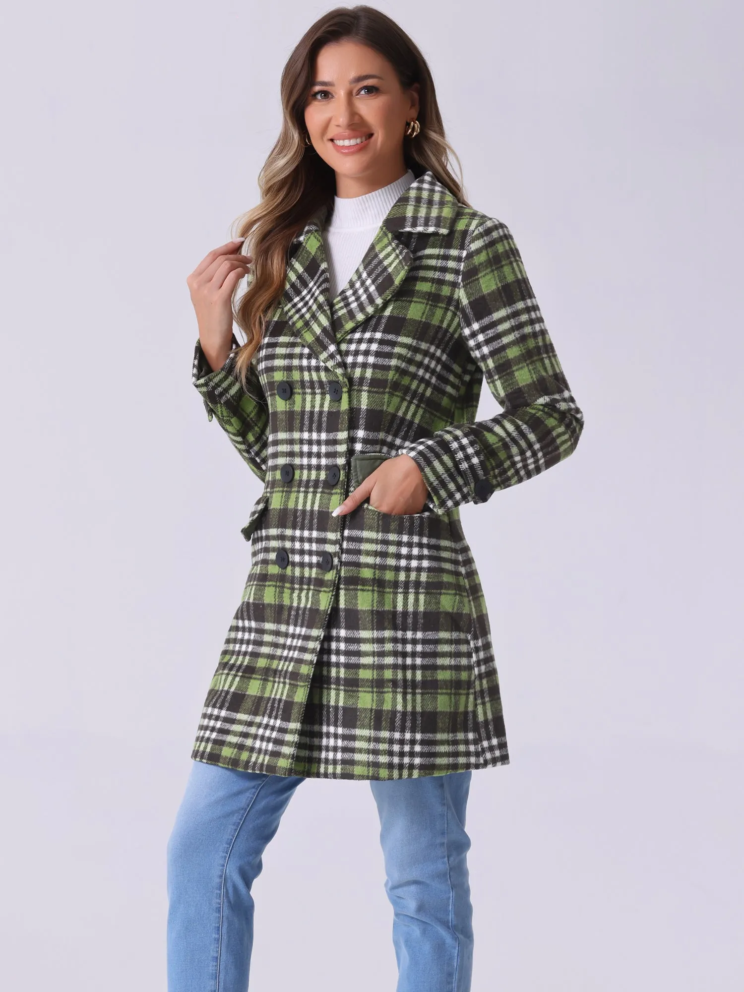 Buffalo Checks Double Breasted Notched Lapel Plaid Trench Pea Coat