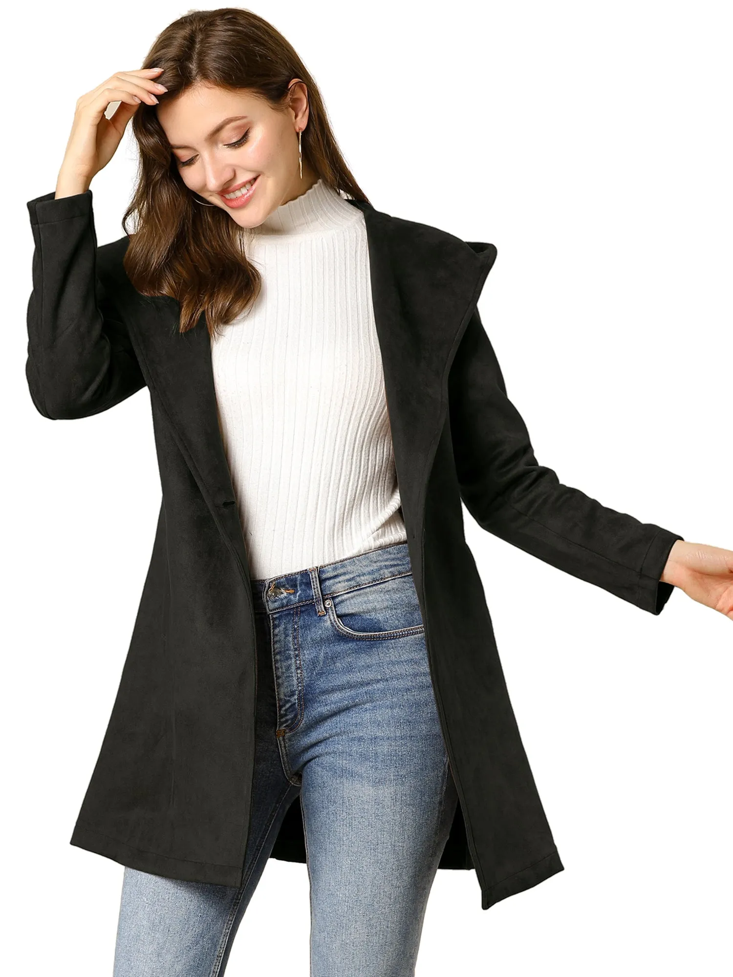 Faux Suede Hooded Winter Long Sleeve Belted Wrap Coat