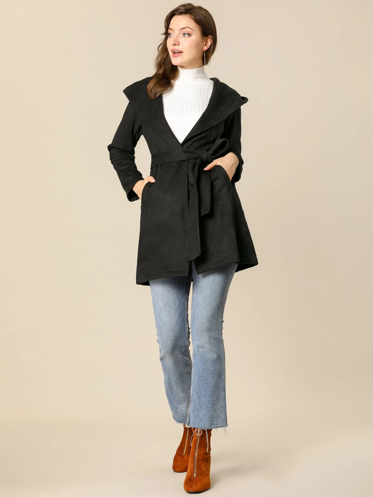 Faux Suede Hooded Winter Long Sleeve Belted Wrap Coat