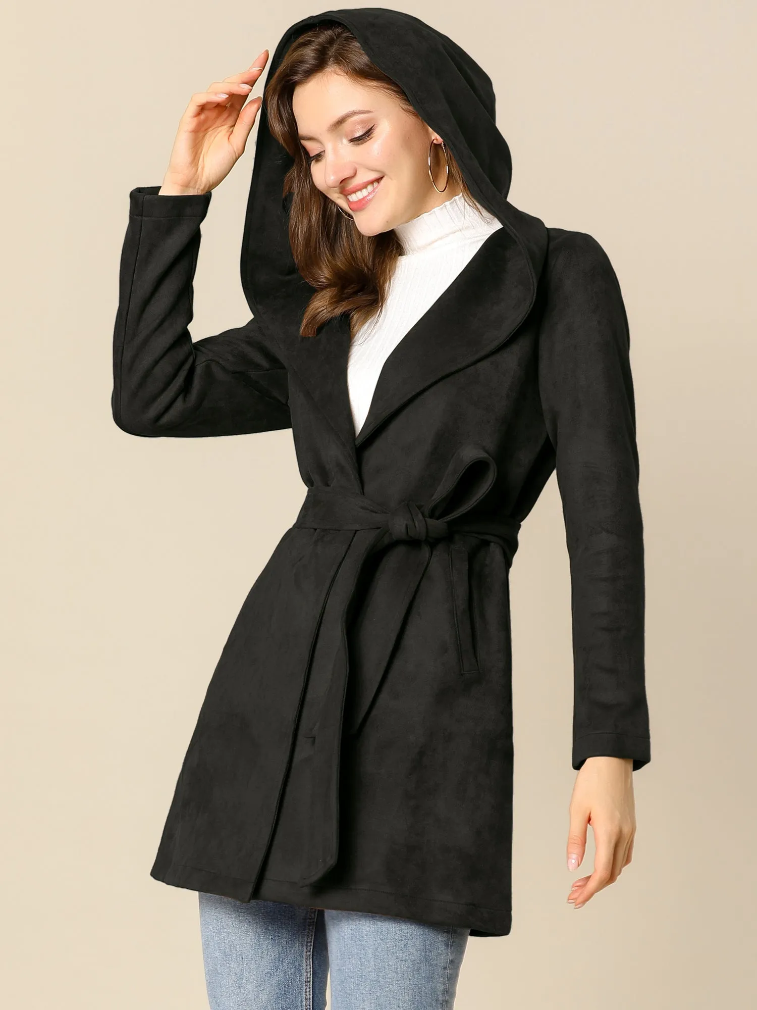 Faux Suede Hooded Winter Long Sleeve Belted Wrap Coat