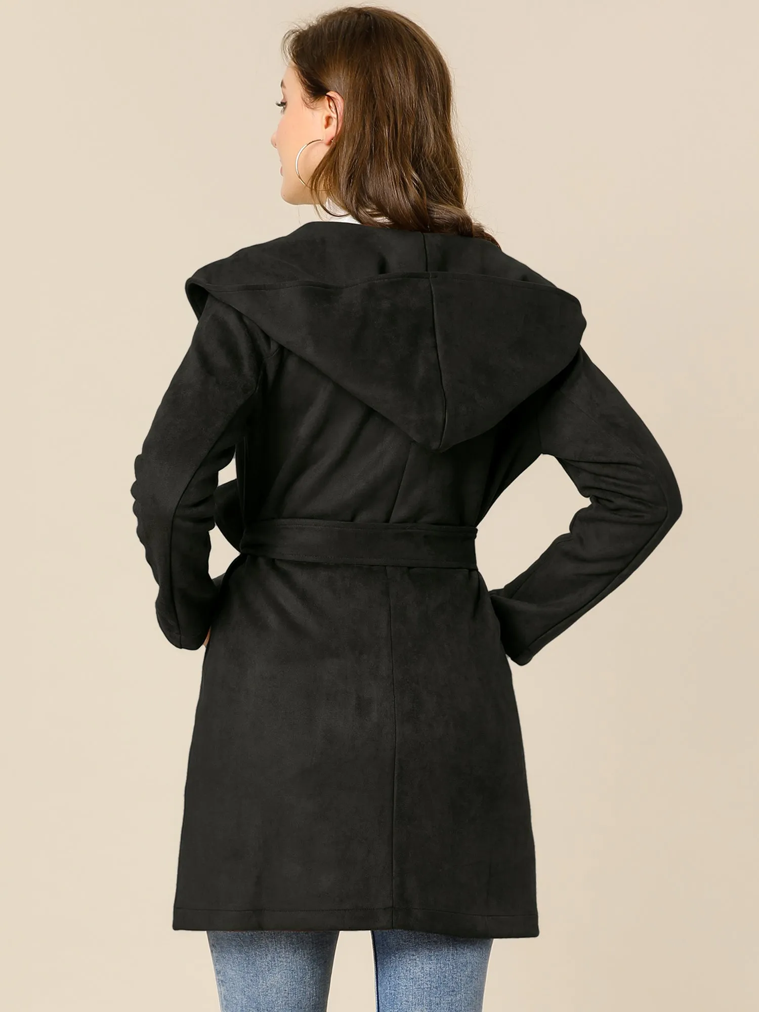 Faux Suede Hooded Winter Long Sleeve Belted Wrap Coat