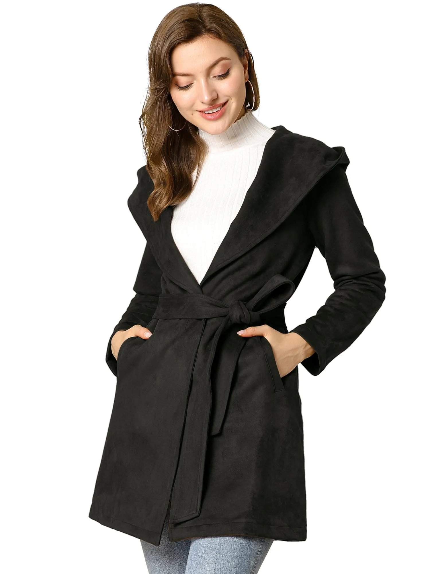 Faux Suede Hooded Winter Long Sleeve Belted Wrap Coat
