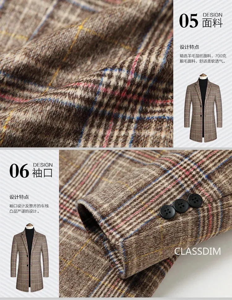 Men Plaid Wool Blends Long Winter Jackets Cashmere Trench Coats High Quality Winter Coats Male Business Casual Wool Trench Coats