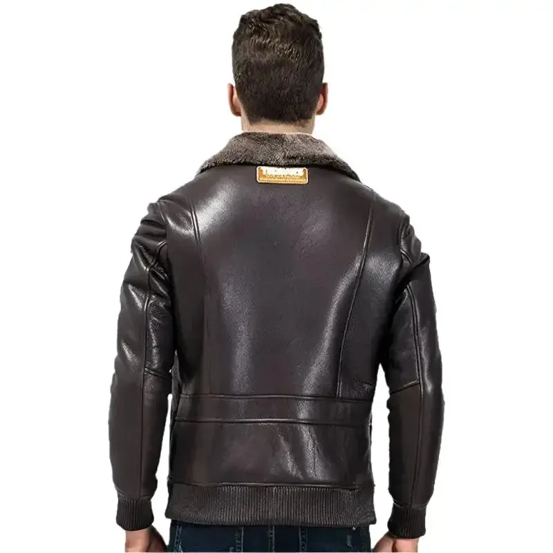 Men's Dark Brown Sheepskin Aviator Coat – Military Style Jacket