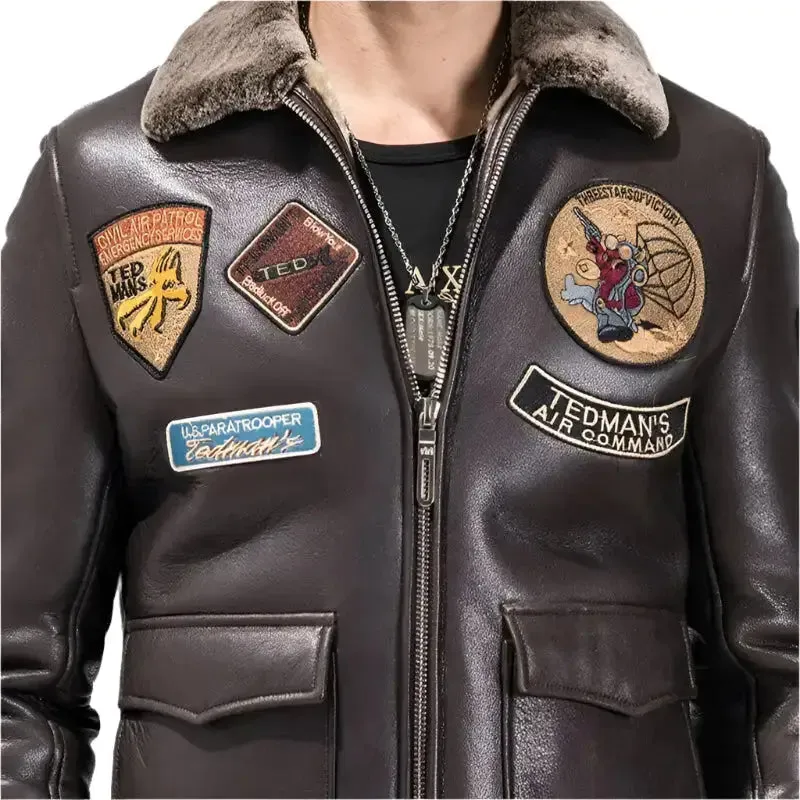 Men's Dark Brown Sheepskin Aviator Coat – Military Style Jacket
