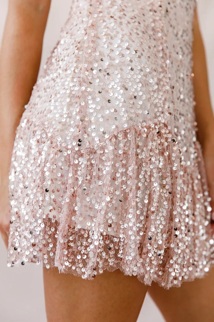 Shine Spaghetti Strap Sequin Mini Dress Rose Gold